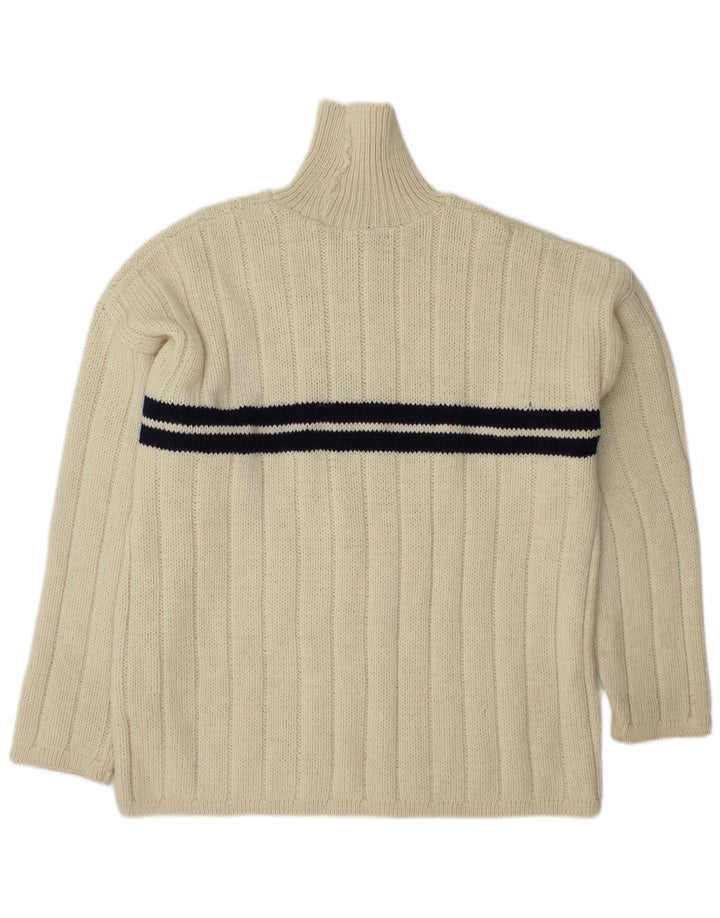 VINTAGE Mens Turtle Neck Jumper Sweater Large Off White Striped Wool