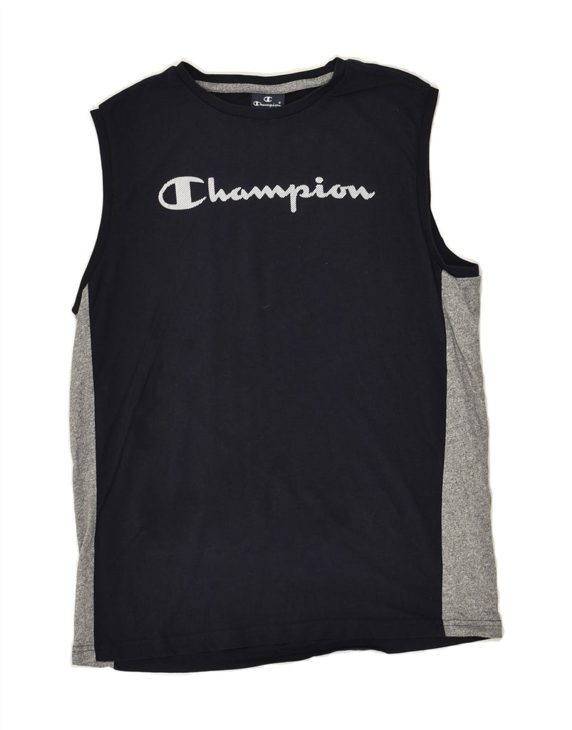 CHAMPION Boys Graphic Vest Top 15-16 Years 2XL Navy Blue Colourblock | Vintage Champion | Thrift | Second-Hand Champion | Used Clothing | Messina Hembry 