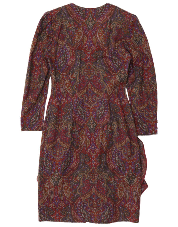 Vintage Womens Long Sleeve Sheath Dress UK 12 Medium Burgundy Paisley