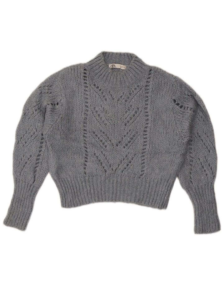 Zara Womens Crop Crew Neck Jumper Sweater UK 14 Medium Grey Acrylic