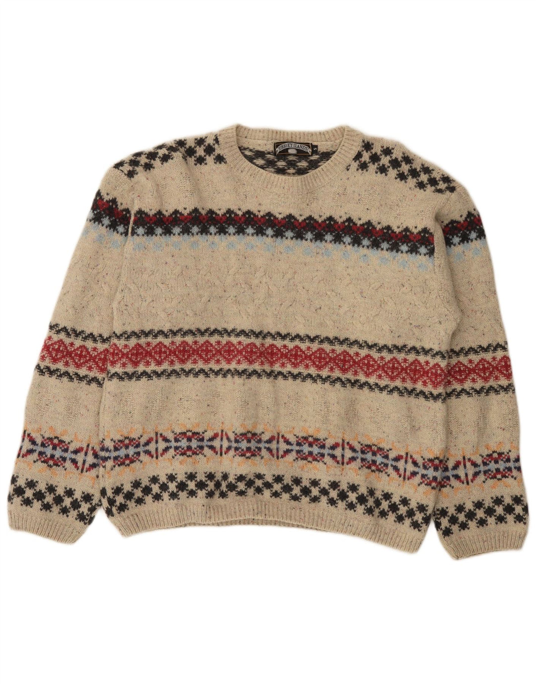 Vintage Mens Crew Neck Jumper Sweater Small Beige Fair Isle Wool