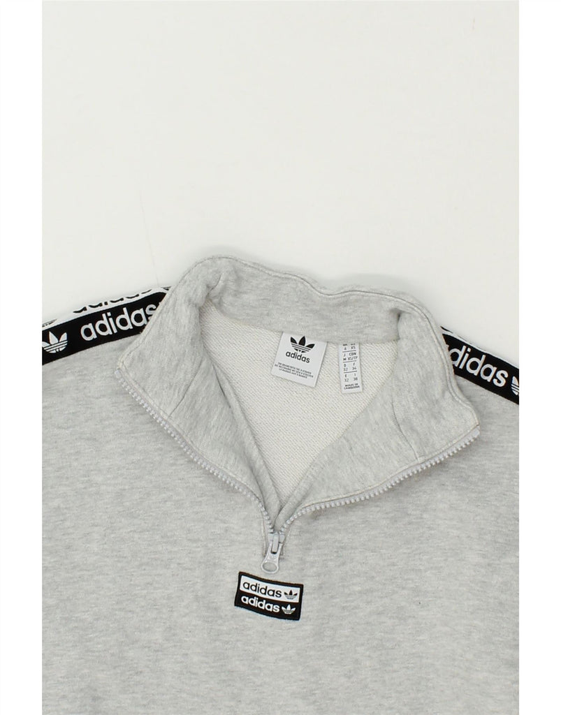 ADIDAS Womens Graphic Zip Neck Sweatshirt Jumper UK 6 XS Grey Cotton Vintage Adidas and Second-Hand Adidas from Messina Hembry 