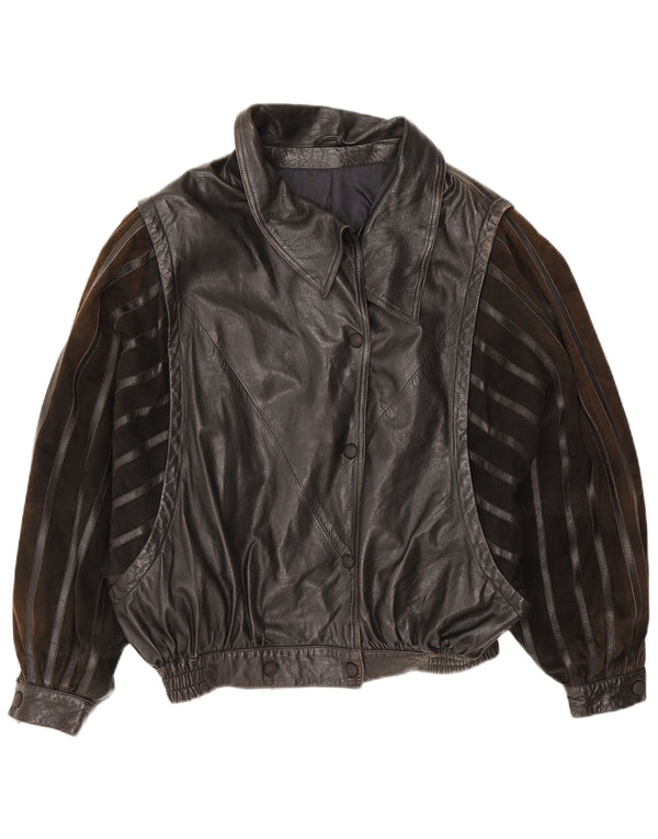 Vintage Womens Loose Fit Leather Jacket IT 44 Medium Black Striped Leather