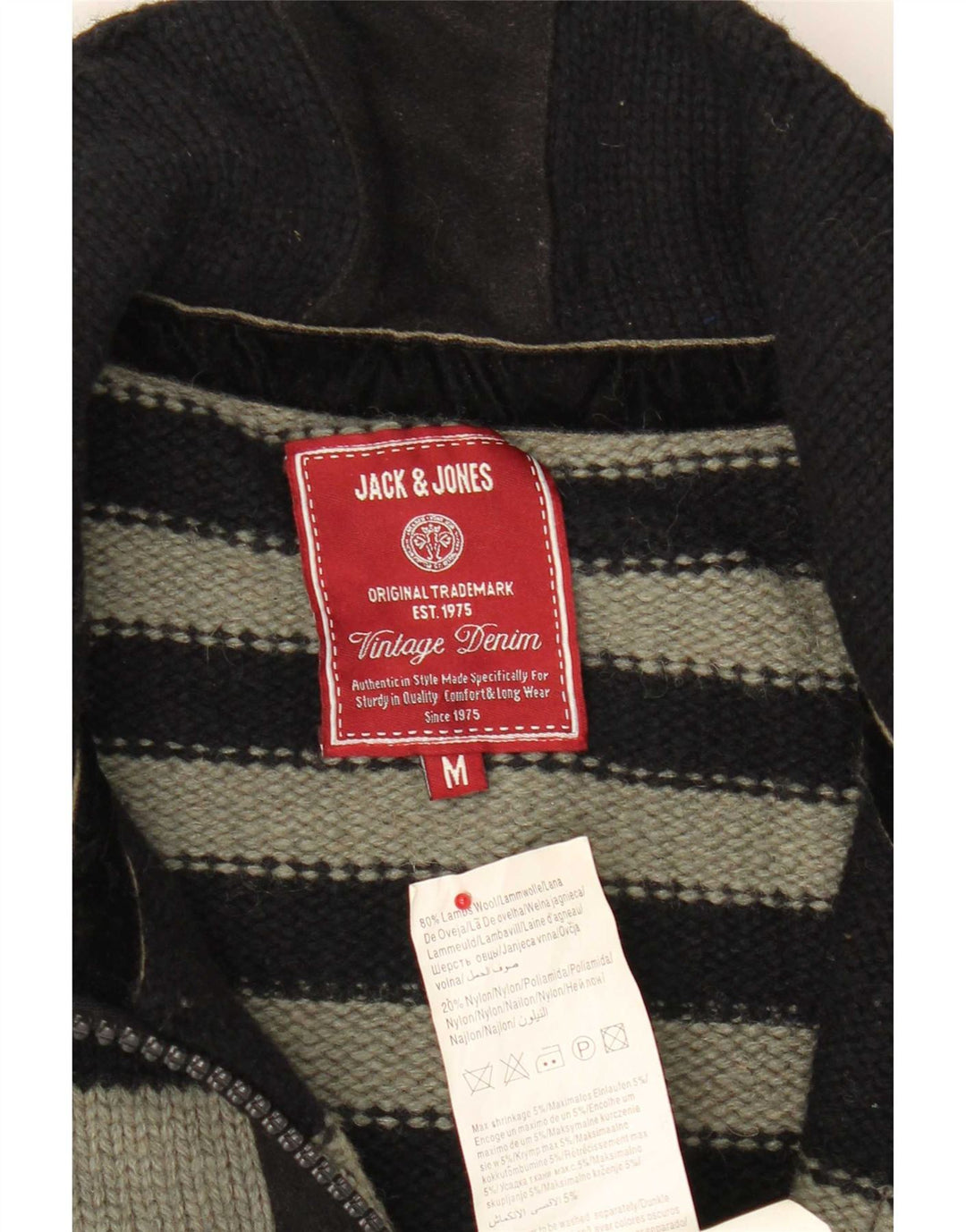 Jack & Jones Mens Military Full Zip Cardigan Sweater Medium Black Striped