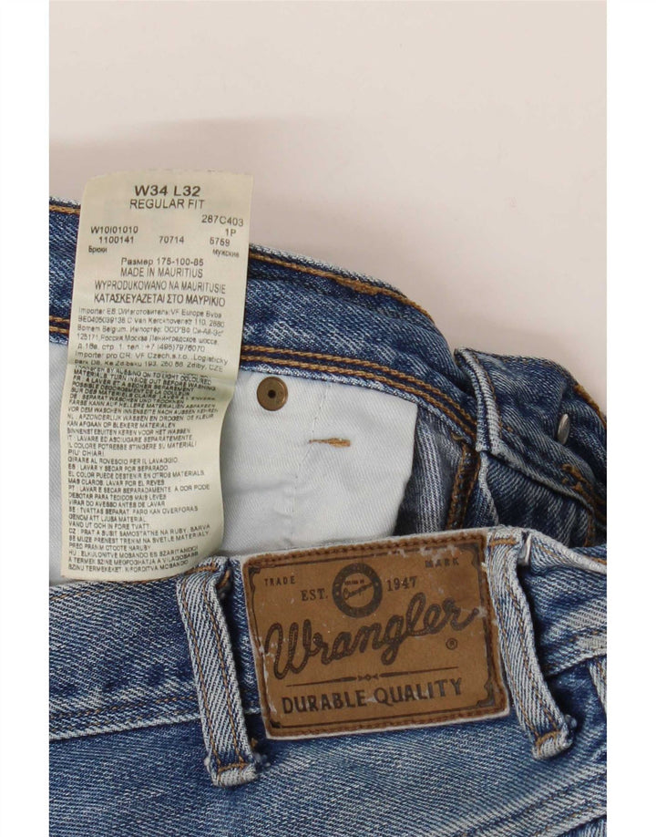 Wrangler Mens Regular Fit Straight Jeans W34 L32 Blue Cotton