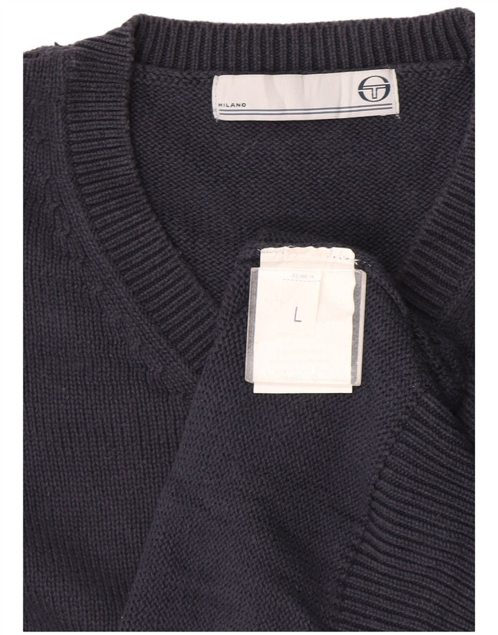 Sergio Tacchini Mens V-Neck Jumper Sweater Large Navy Blue Cotton