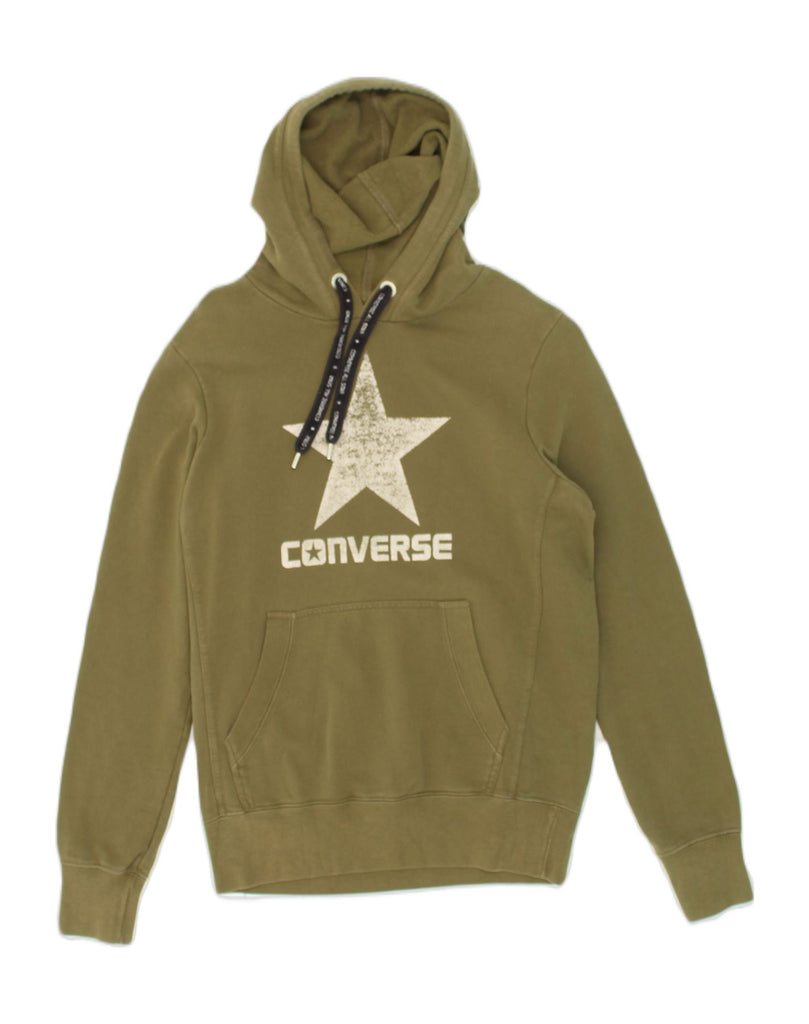 CONVERSE Mens Graphic Hoodie Jumper XS Khaki Cotton | Vintage Converse | Thrift | Second-Hand Converse | Used Clothing | Messina Hembry 