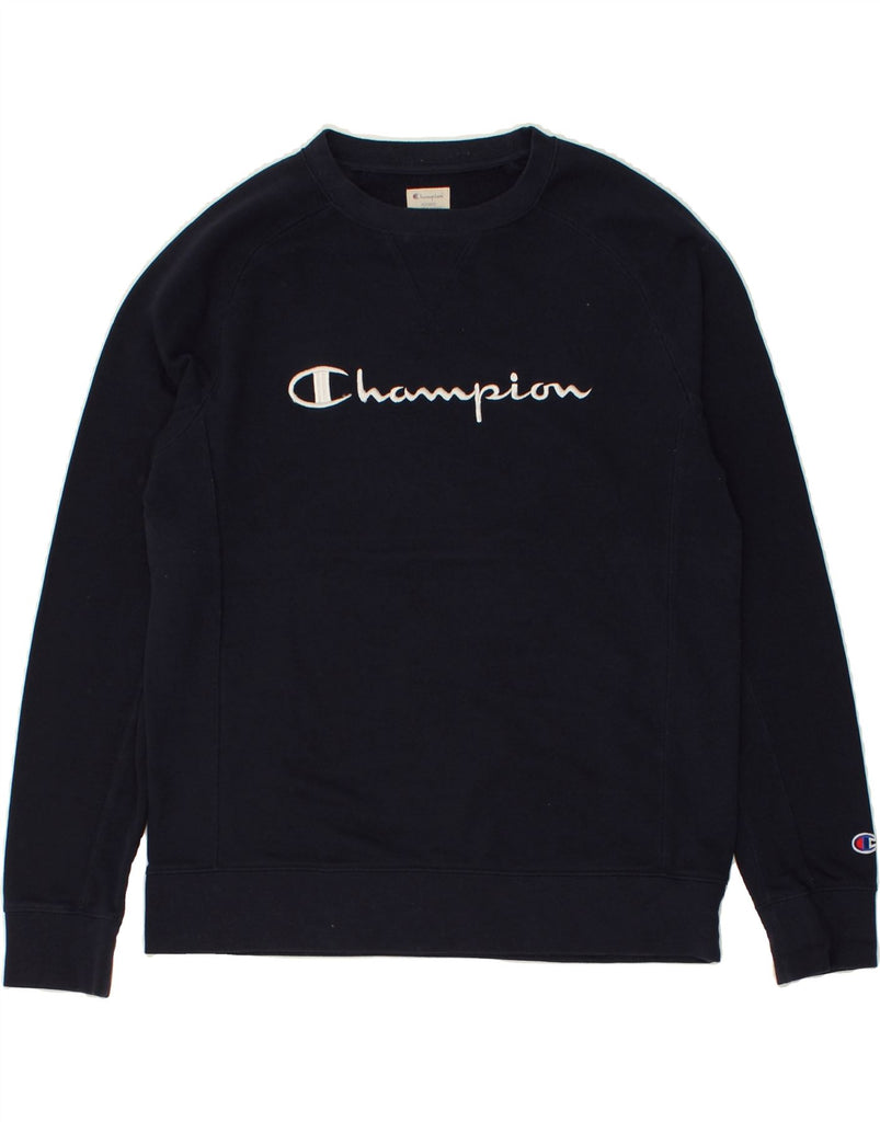 CHAMPION Mens Graphic Sweatshirt Jumper Medium Navy Blue Cotton | Vintage Champion | Thrift | Second-Hand Champion | Used Clothing | Messina Hembry 