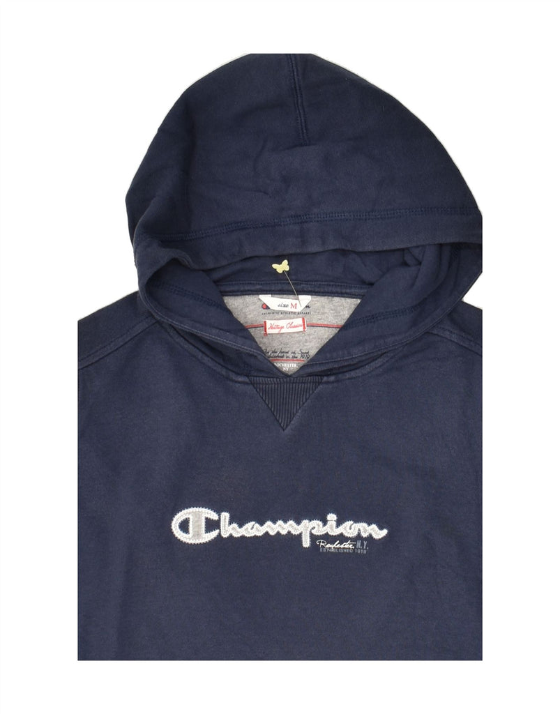 CHAMPION Womens Graphic Hoodie Jumper UK 14 Medium Navy Blue Cotton | Vintage Champion | Thrift | Second-Hand Champion | Used Clothing | Messina Hembry 