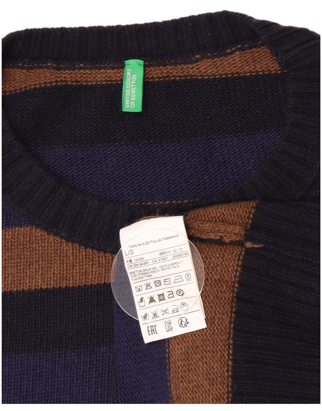 Benetton Mens Crew Neck Jumper Sweater Large Multicoloured Striped