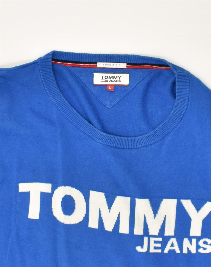 TOMMY HILFIGER Mens Graphic Crew Neck Jumper Sweater Large Blue | Vintage Tommy Hilfiger | Thrift | Second-Hand Tommy Hilfiger | Used Clothing | Messina Hembry 