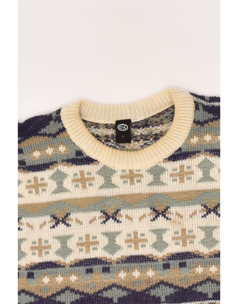 C&A Mens Crew Neck Jumper Sweater Large Beige Fair Isle Acrylic | Vintage C&A | Thrift | Second-Hand C&A | Used Clothing | Messina Hembry 