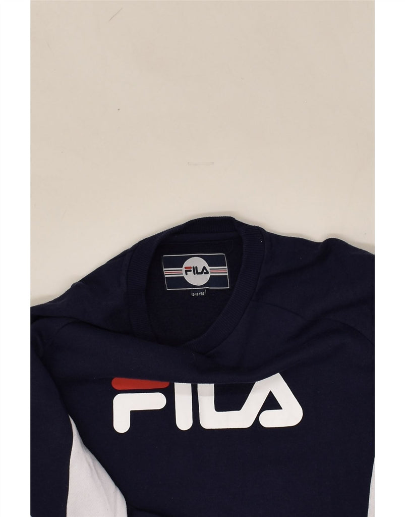 FILA Boys Graphic Sweatshirt Jumper 12-13 Years Navy Blue Colourblock | Vintage Fila | Thrift | Second-Hand Fila | Used Clothing | Messina Hembry 