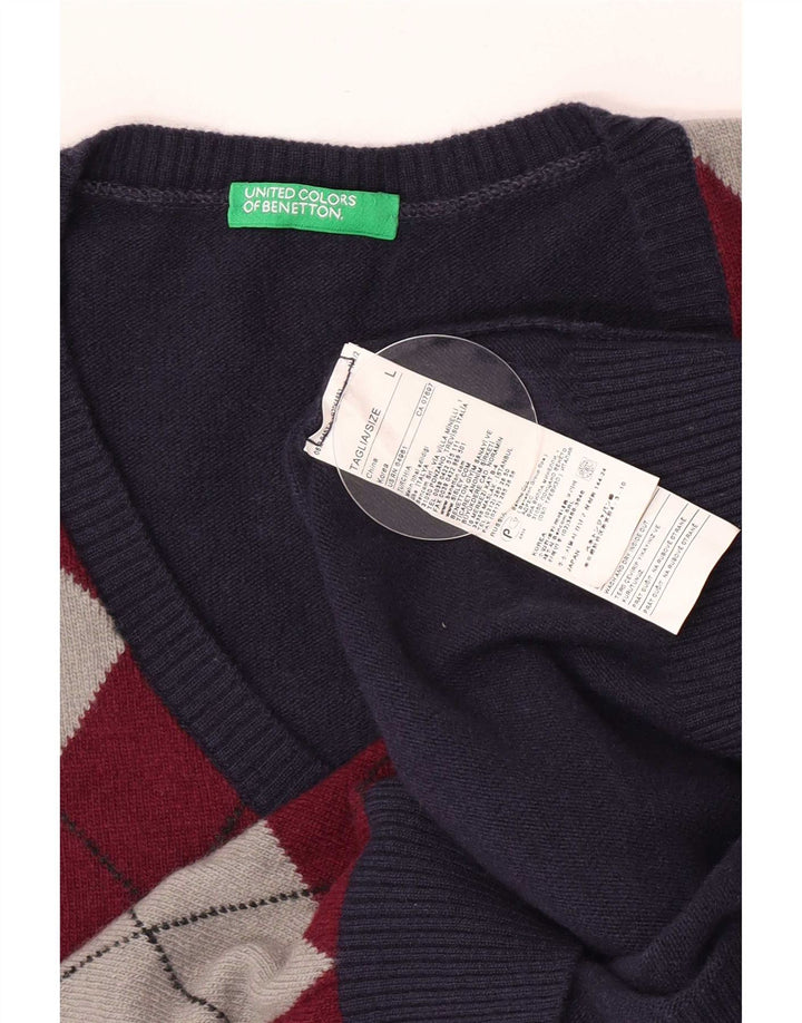 Benetton Mens V-Neck Jumper Sweater Large Navy Blue Argyle/Diamond Wool