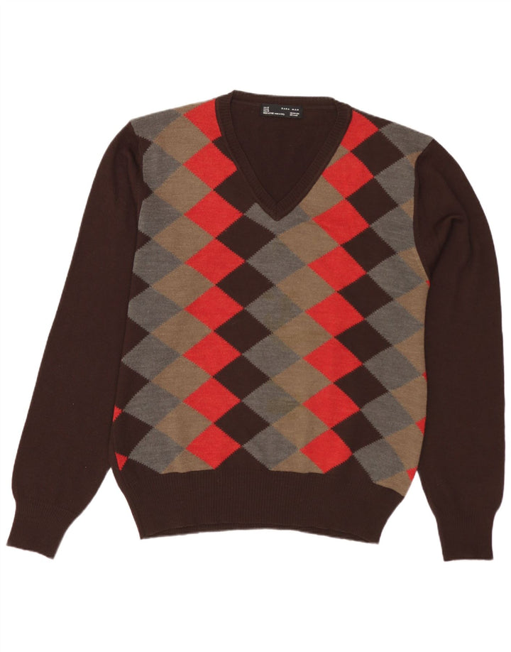 Zara Mens V-Neck Jumper Sweater Medium Brown Argyle/Diamond