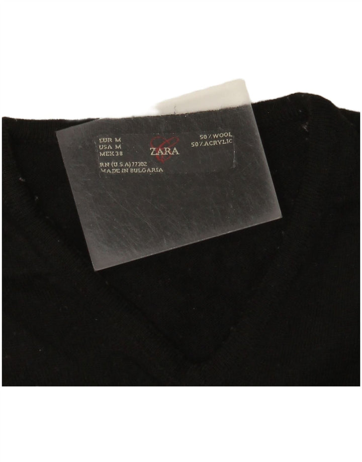 Zara Mens V-Neck Jumper Sweater Medium Black Wool