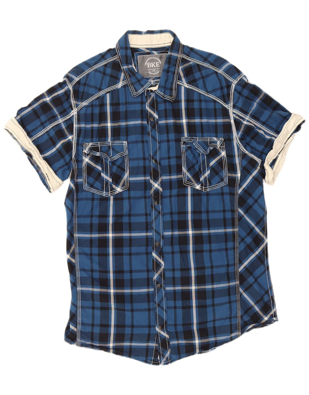 BKE Mens Short Sleeve Standard Fit Shirt 2XL Blue Check Cotton