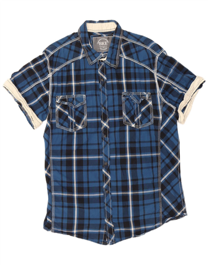 BKE Mens Short Sleeve Standard Fit Shirt 2XL Blue Check Cotton