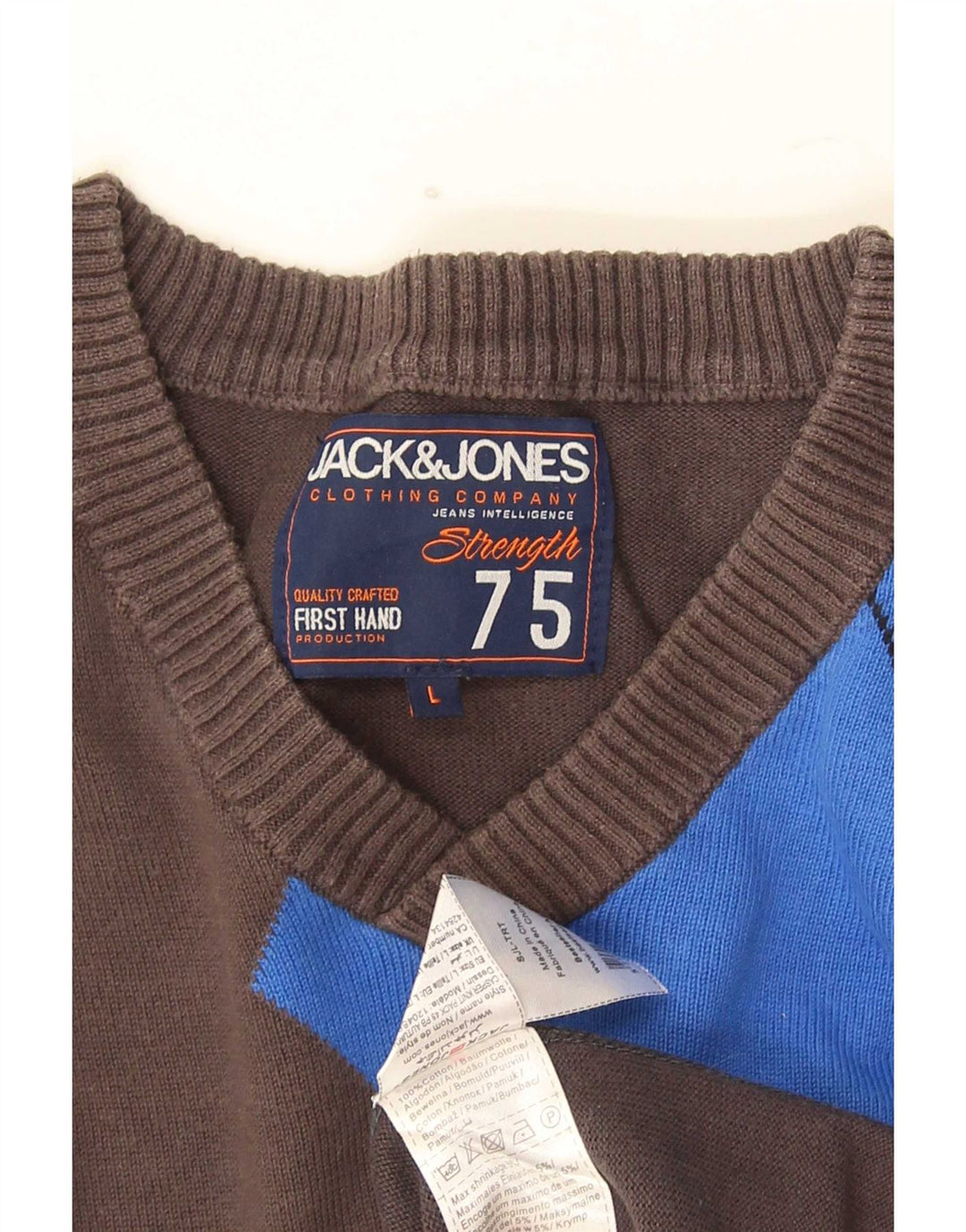 Jack & Jones Mens V-Neck Jumper Sweater Large Grey Argyle/Diamond Cotton