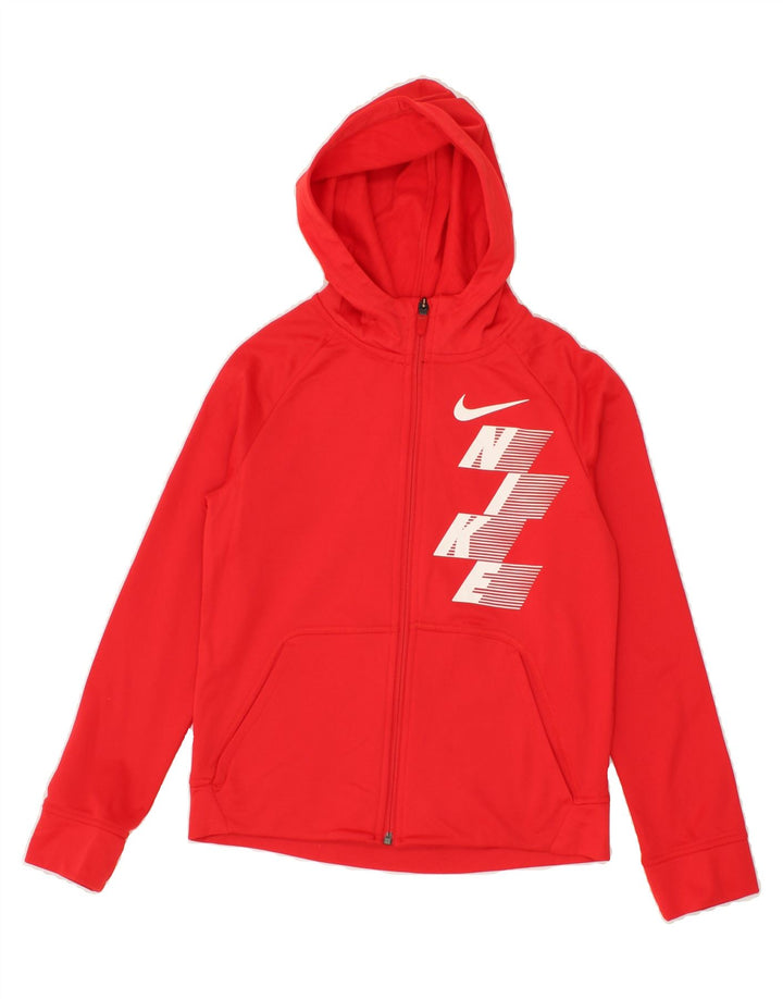 NIKE Womens Dri Fit Graphic Zip Hoodie Sweater UK 12 Medium Red Polyester Vintage Nike and Second-Hand Nike from Messina Hembry 