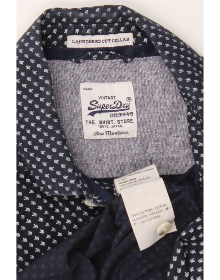 Superdry Mens Short Sleeve Shirt Medium Navy Blue Geometric Cotton