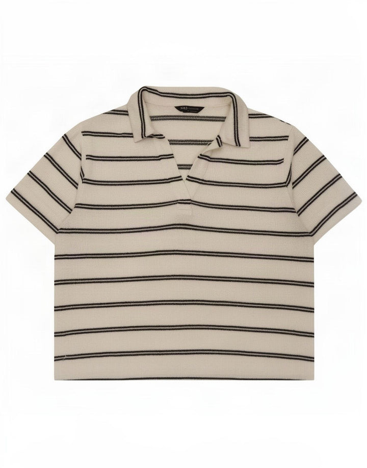 Marks & Spencer Womens Polo Shirt UK 14 Large White Striped Polyester