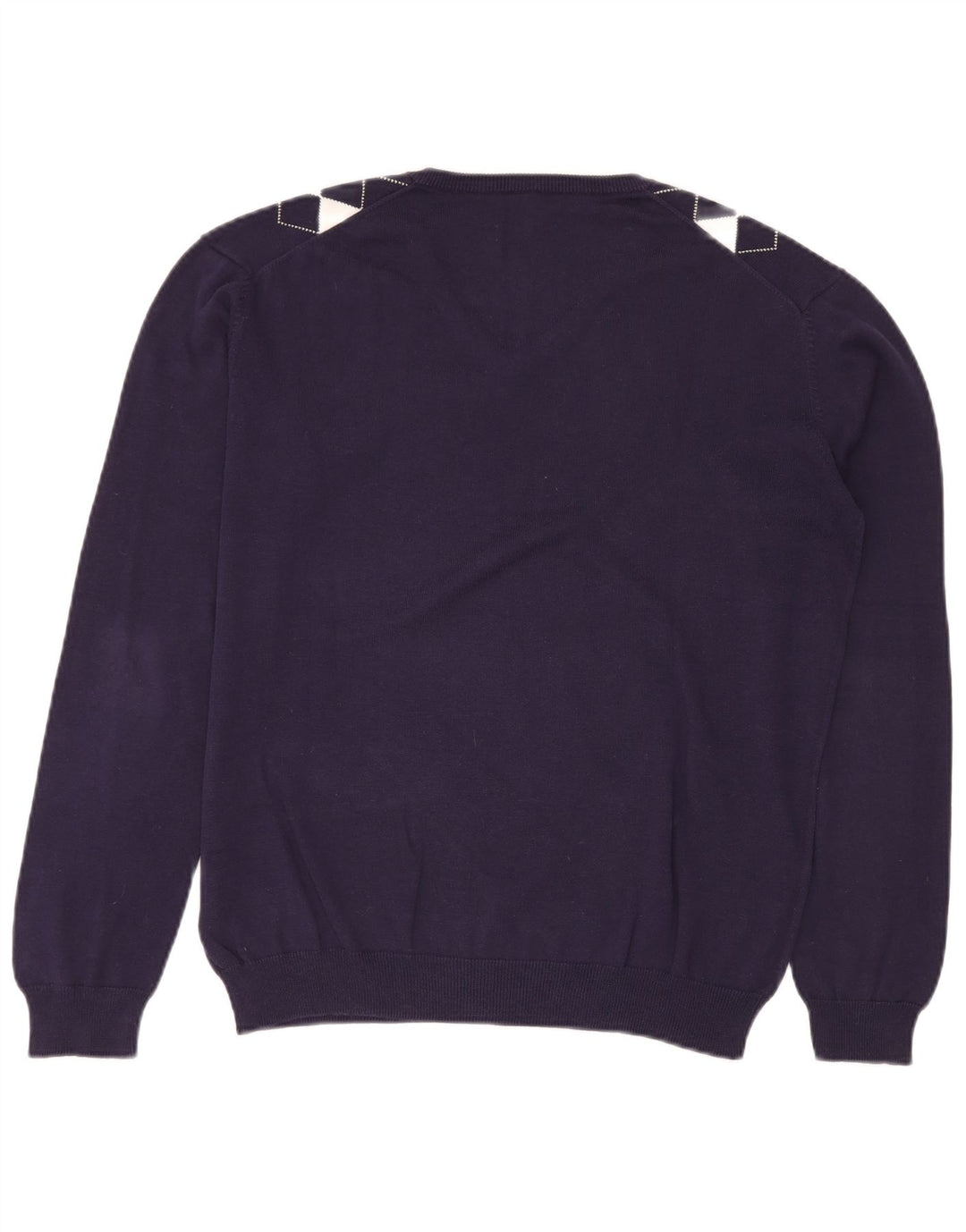 VINTAGE Mens V-Neck Jumper Sweater Medium Navy Blue Argyle/Diamond Cotton