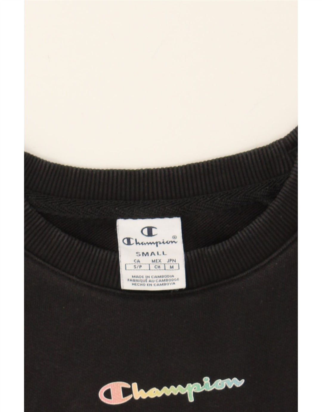 CHAMPION Womens Crop Oversized Graphic Sweatshirt Jumper UK 10 Small Black Vintage Champion and Second-Hand Champion from Messina Hembry 