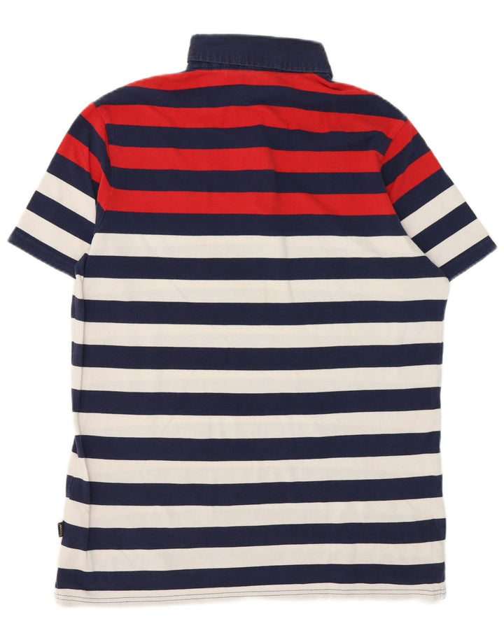 MUSTO Mens Polo Shirt Medium Navy Blue Striped Cotton