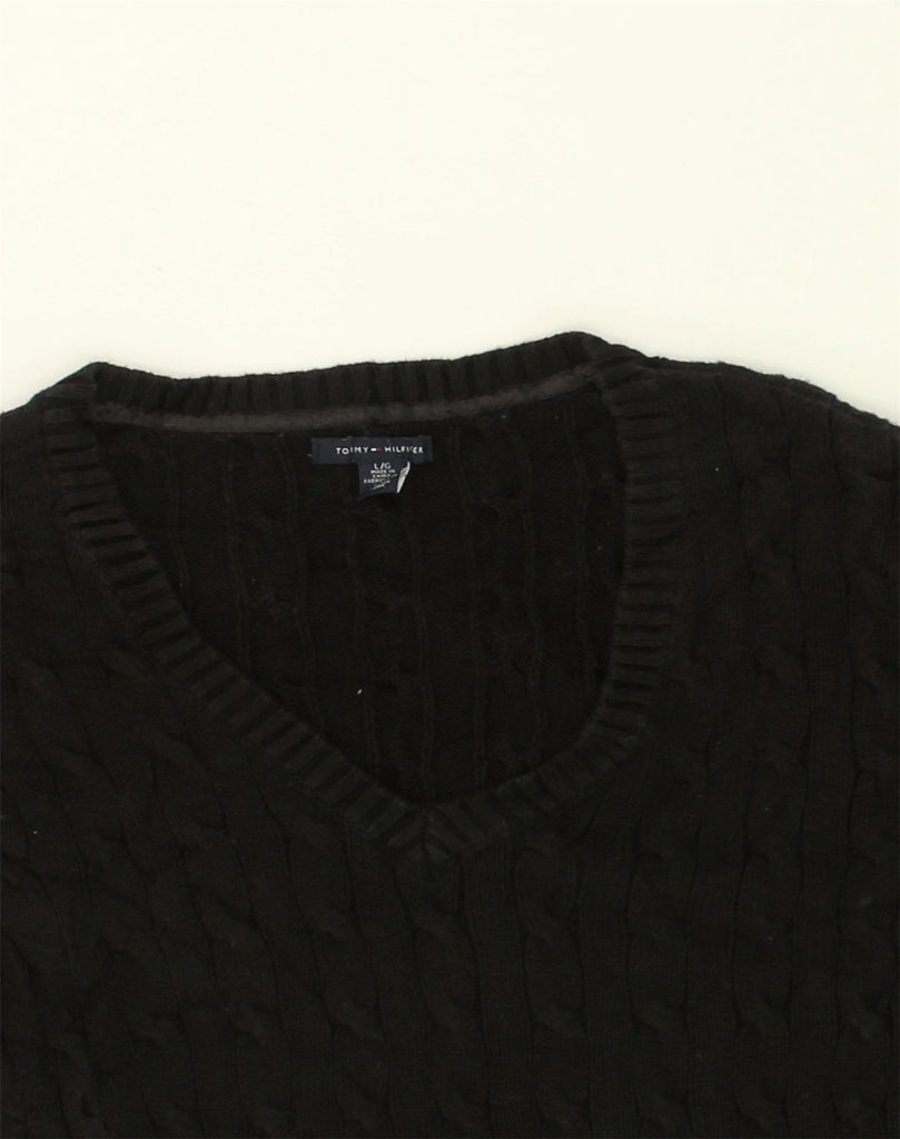 TOMMY HILFIGER Womens V-Neck Jumper Sweater UK 14 Large Black Cotton | Vintage Tommy Hilfiger | Thrift | Second-Hand Tommy Hilfiger | Used Clothing | Messina Hembry 