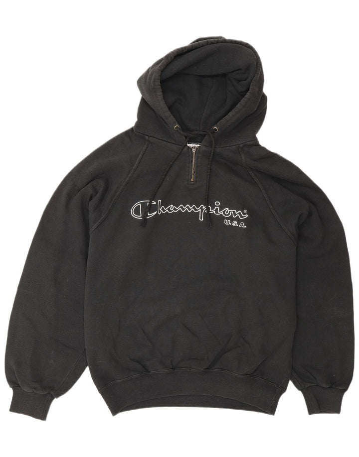 CHAMPION Mens Graphic Zip Neck Hoodie Jumper Medium Black Cotton