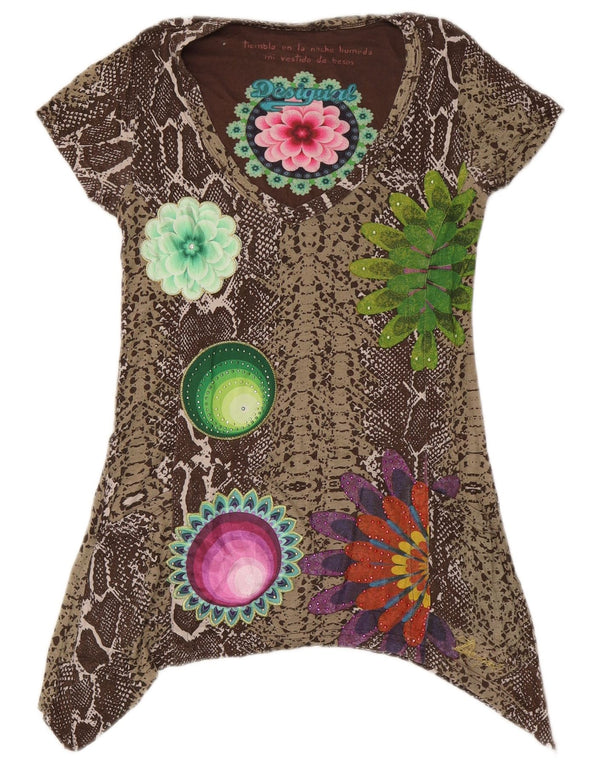 Desigual Womens Graphic Asymmetric Tunic Top UK 10 Small Brown Animal Print