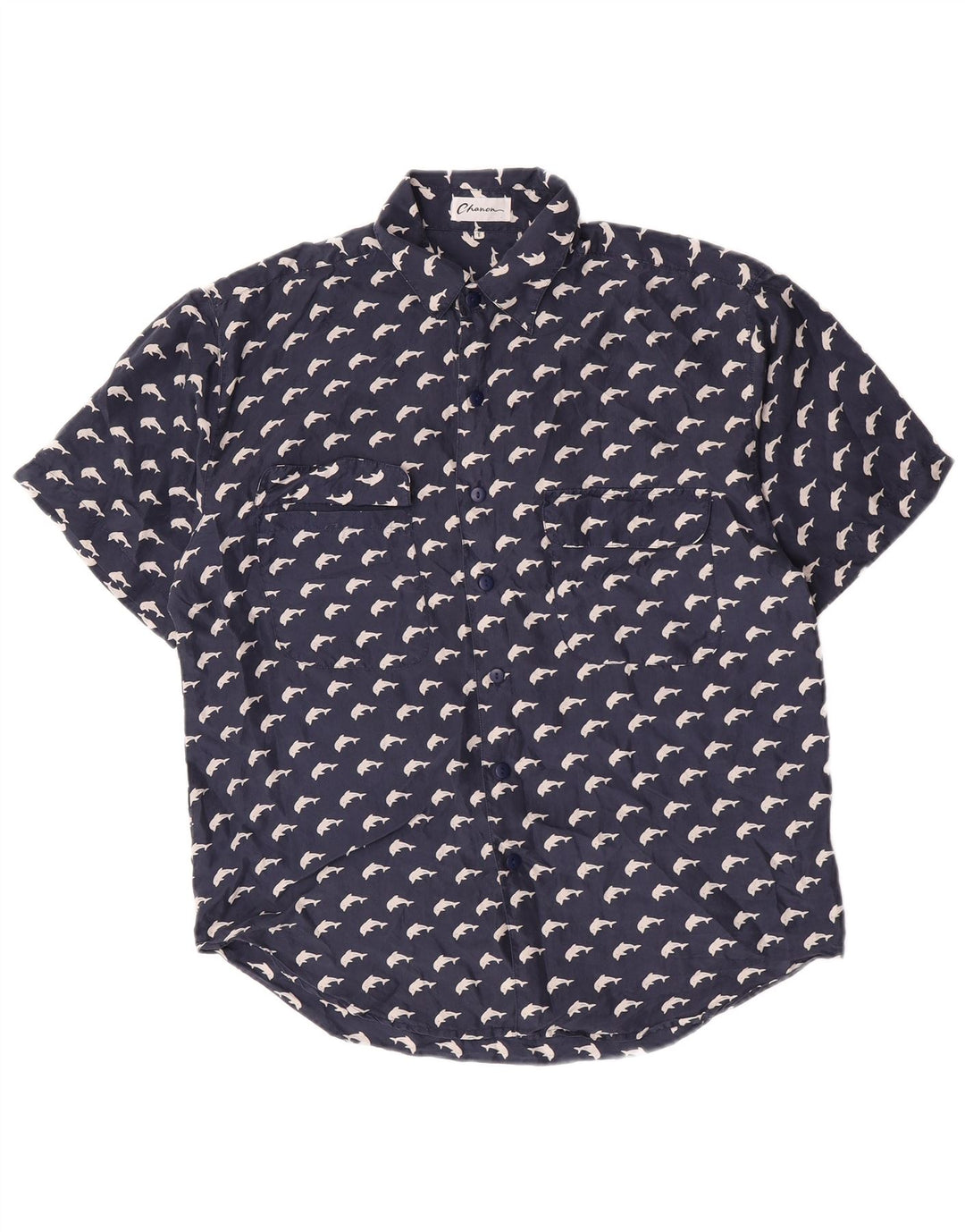 Chanon Womens Graphic Short Sleeve Shirt Large Navy Blue Silk