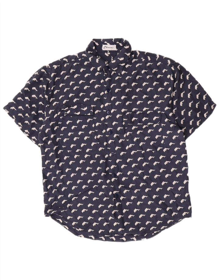 Chanon Womens Graphic Short Sleeve Shirt Large Navy Blue Silk