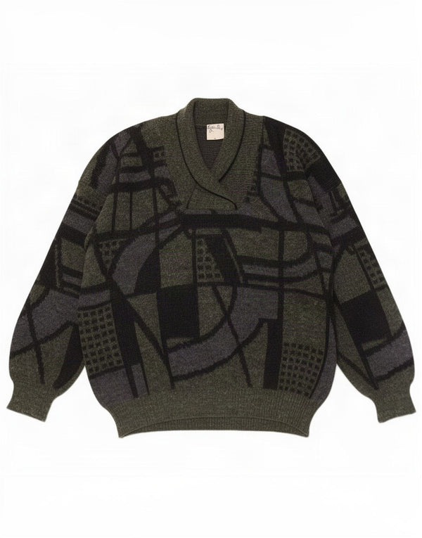 Angelo Litrico Mens Shawl Neck Jumper Sweater XL Green Geometric Acrylic