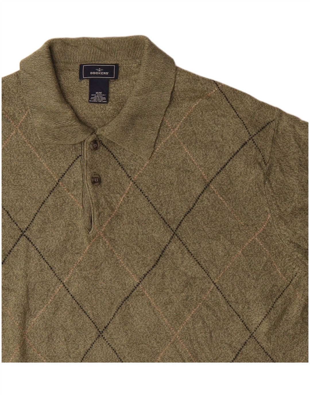 Dockers Mens Polo Neck Jumper Sweater Medium Khaki Argyle/Diamond Acrylic