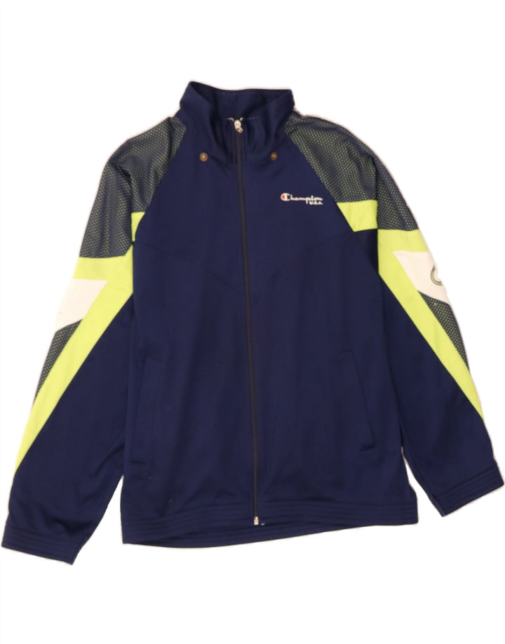 CHAMPION Mens Graphic Tracksuit Top Jacket Medium Navy Blue Colourblock Vintage Champion and Second-Hand Champion from Messina Hembry 