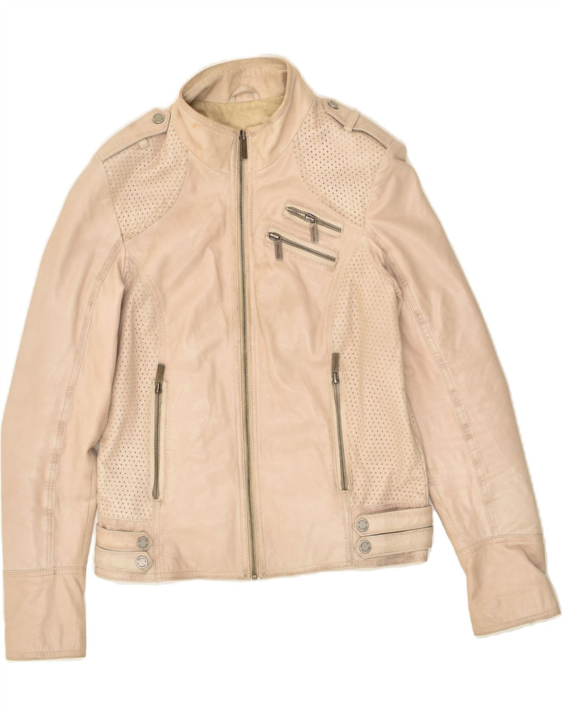 VINTAGE Womens Military Leather Jacket UK 10 Small  Beige Leather | Vintage Vintage | Thrift | Second-Hand Vintage | Used Clothing | Messina Hembry 