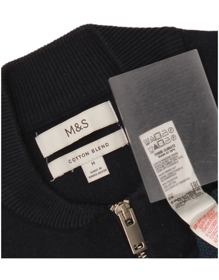 Marks & Spencer Mens Zip Neck Jumper Sweater Medium Navy Blue Striped