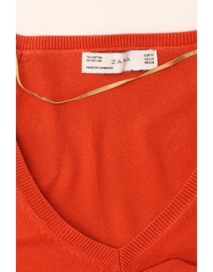 Zara Womens V-Neck Jumper Sweater UK 12 Medium Orange Cotton
