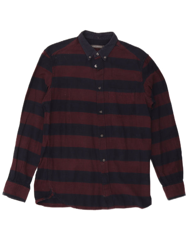 French Connection Mens Flannel Shirt Medium Burgundy Striped Cotton