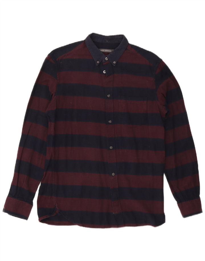 French Connection Mens Flannel Shirt Medium Burgundy Striped Cotton