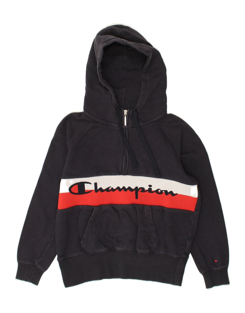 CHAMPION Womens Graphic Zip Neck Hoodie Jumper UK 10 Small Navy Blue | Vintage Champion | Thrift | Second-Hand Champion | Used Clothing | Messina Hembry 