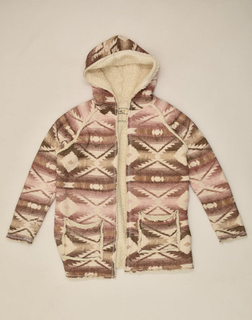 O'NEILL Womens Hooded Sherpa Overcoat UK 10 Small Multicoloured Fair Isle | Vintage O'Neill | Thrift | Second-Hand O'Neill | Used Clothing | Messina Hembry 