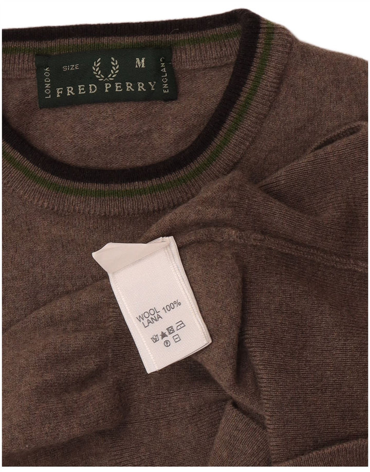 Fred Perry Womens Crew Neck Jumper Sweater UK 12 Medium Brown Wool