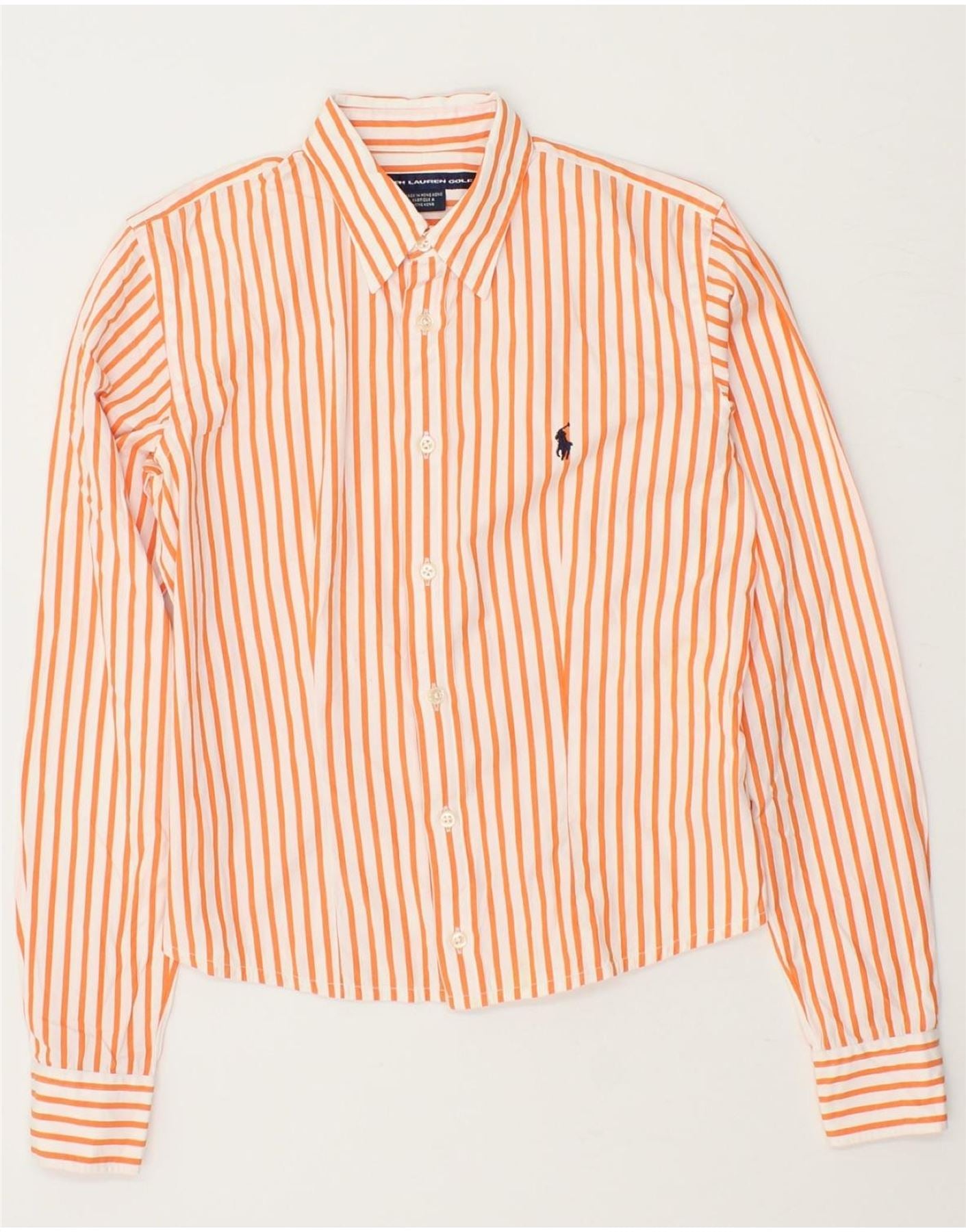 RALPH LAUREN Womens Crop Shirt US 4 Small Orange Striped Cotton Vintage Second Hand Clothing Online Messina Hembry