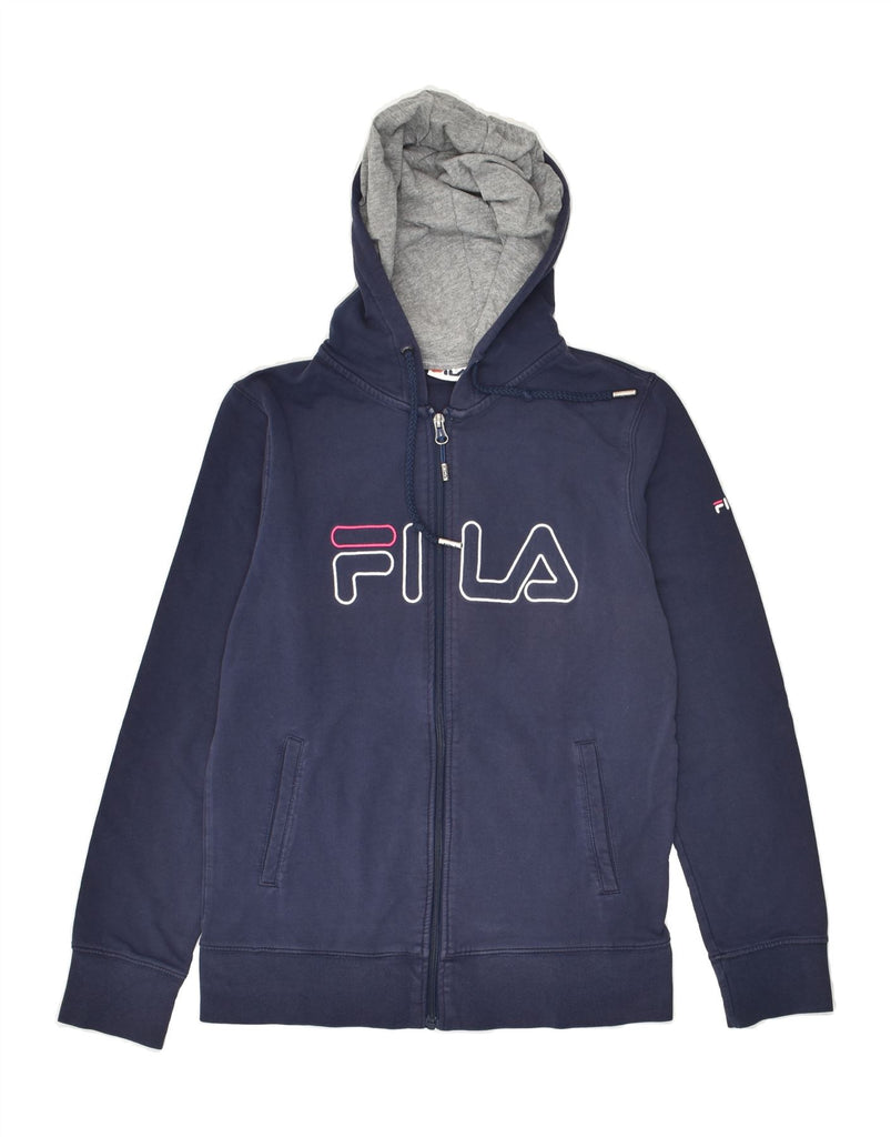 FILA Womens Graphic Zip Hoodie Sweater UK 14 Large Navy Blue Cotton Vintage Fila and Second-Hand Fila from Messina Hembry 