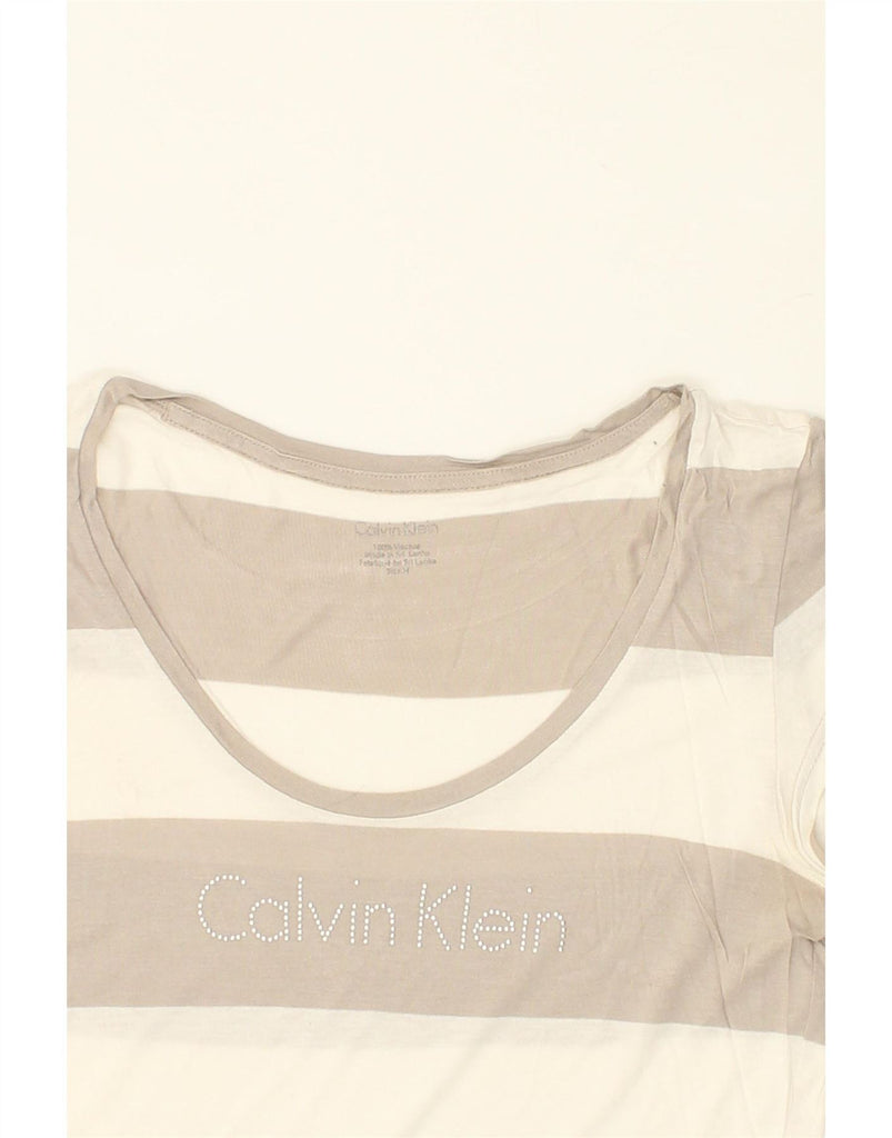 CALVIN KLEIN Womens Graphic T-Shirt Top UK 12 Medium Grey Striped Viscose Vintage Calvin Klein and Second-Hand Calvin Klein from Messina Hembry 