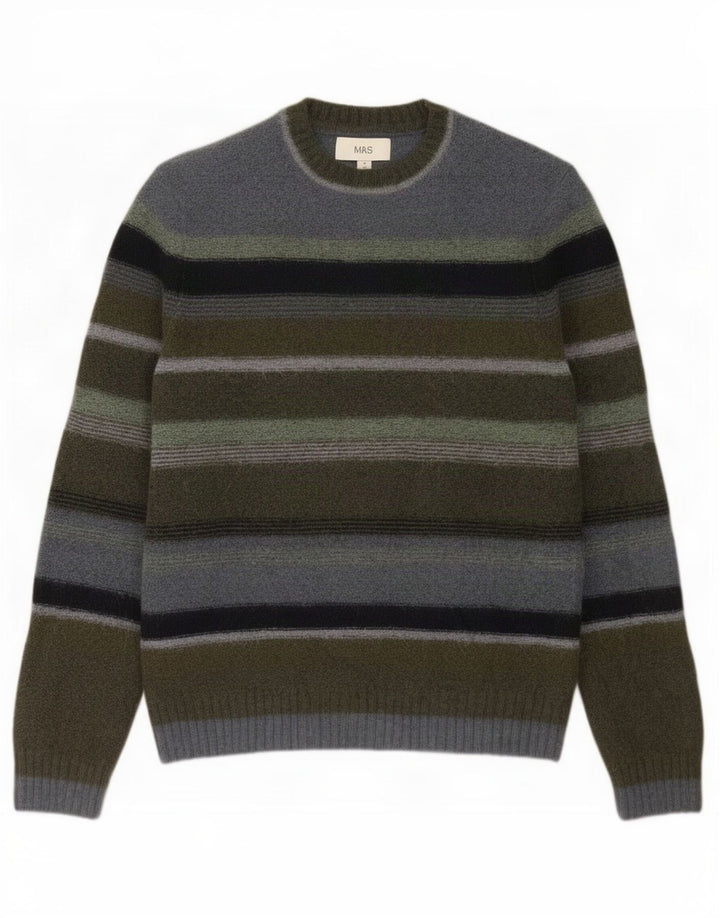 Marks & Spencer Mens Crew Neck Jumper Sweater Medium Khaki Striped