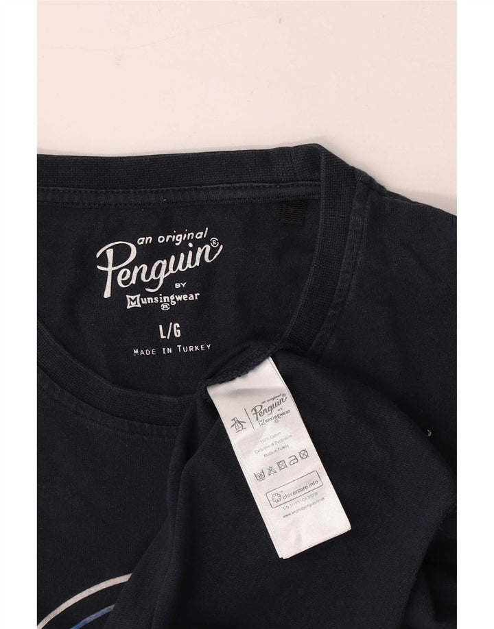 Penguin Mens Graphic T-Shirt Top Large Navy Blue Cotton